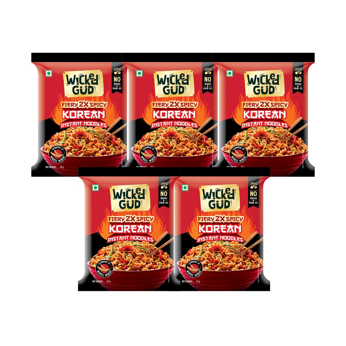 Pack Of 5 WickedGud Korean Instant Noodles | Fiery 2X Spicy | Whole Wheat