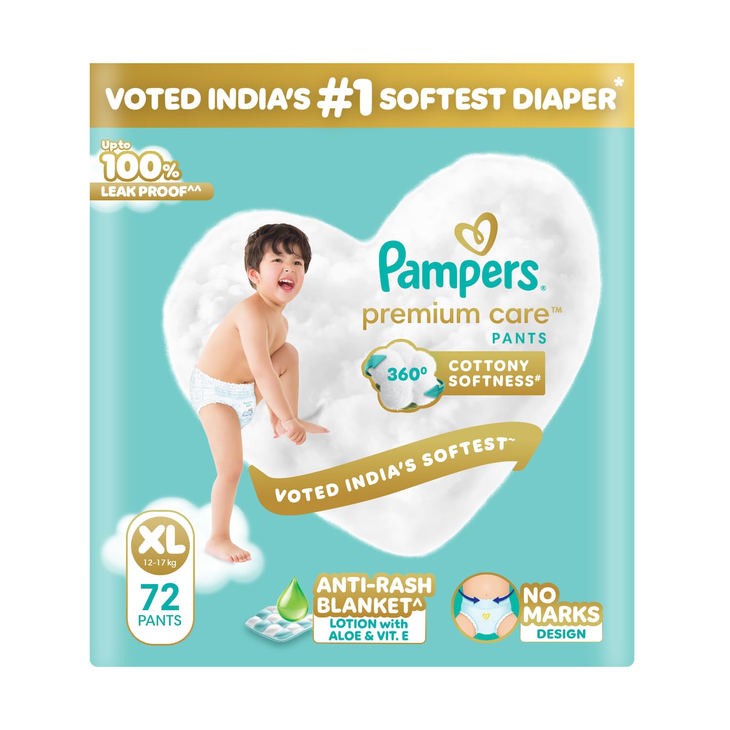 Pampers Premium Care Pant Style Baby Diapers XL 72 Count | No Marks Design | Voted India's #1 Softest Diaper | All in 1