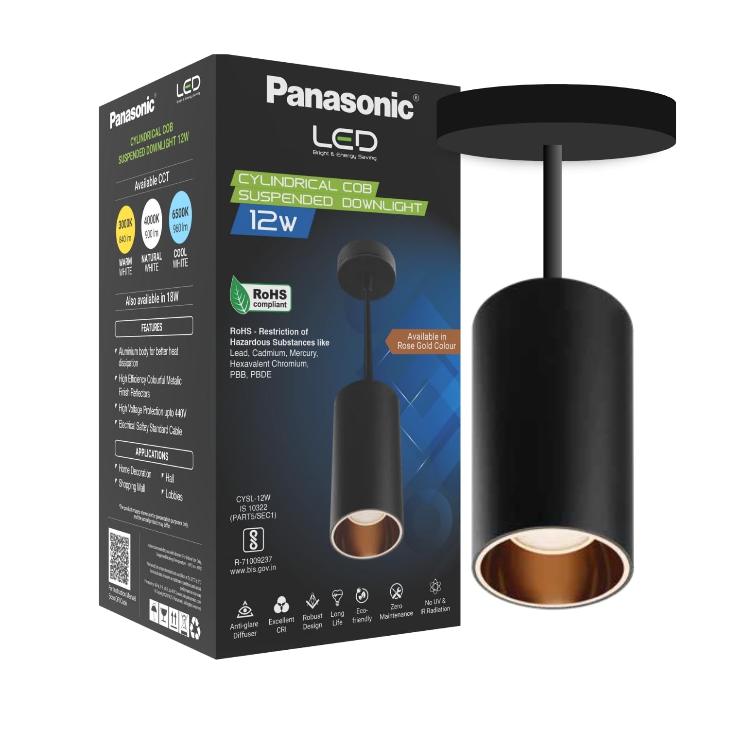Panasonic 12W Cylindrical Pendant Spotlight, Rose Gold Reflector, Pendant Ceiling Light for Home with Rose Gold Reflecto