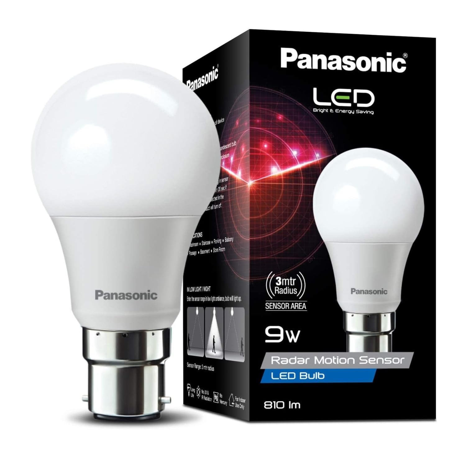 Panasonic 9 Watt Motion Sensor Led B22D Bulb for Home with 3 Mtr Radius Sensor Area, Auto Off After 15 Sec, 1 Yr Warrant