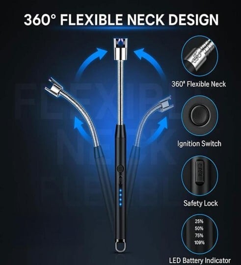 Pepperfry | Electric Arc Lighter, Rechargeable, Windproof, Flameless, USB Lighter with 11cm Flexible Neck