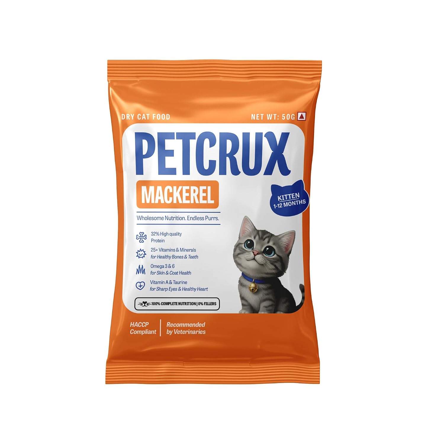 Petcrux Dry Kitten Cat Food, Mackerel Fish Flavor, with Omega 3 & 6 and Taurine, Complete & Balanced Nutrition for Growi