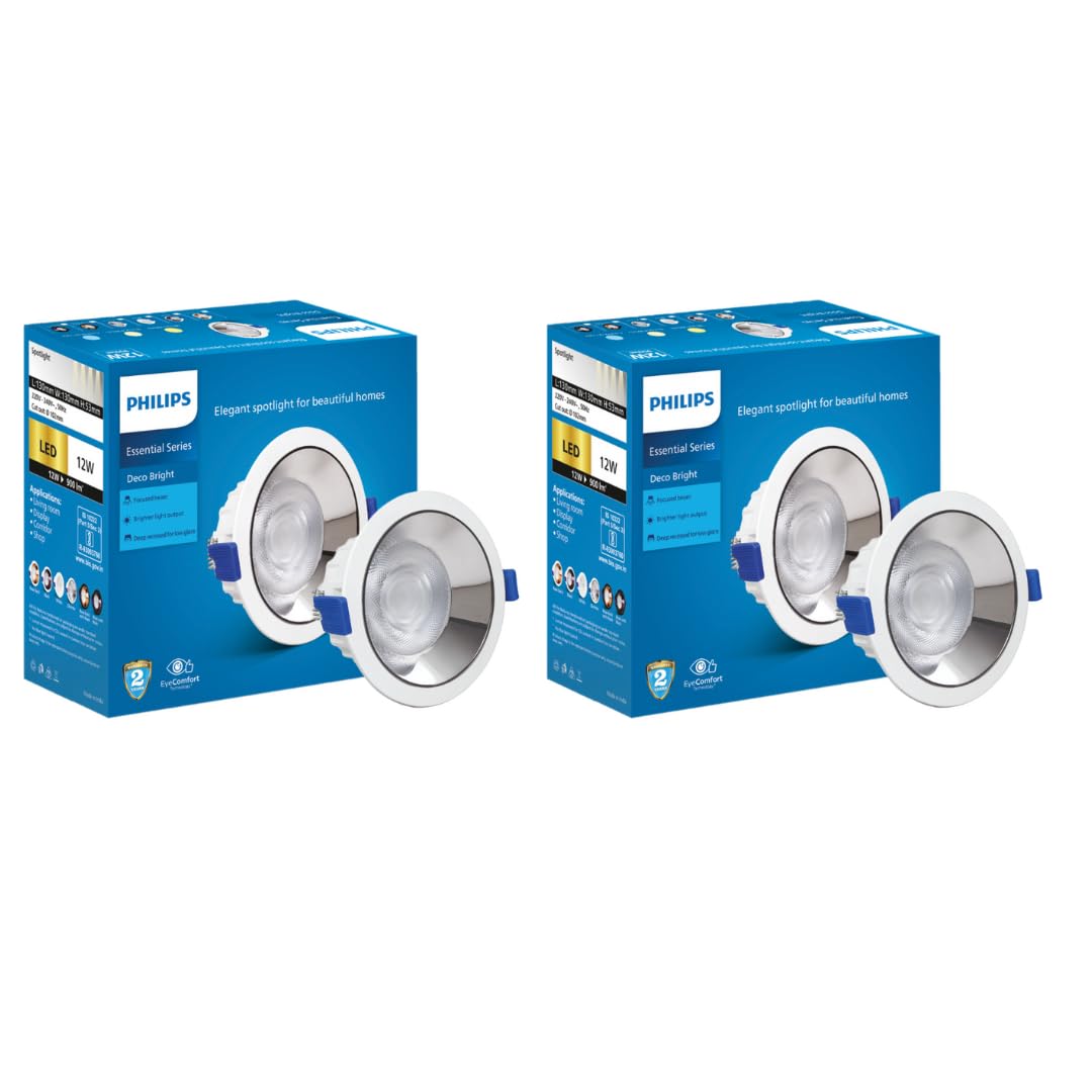 PHILIPS 12 Watt Chrome Reflector LED Ceiling COB Round Spot Light with Focused Beam Pack of 2 (Deco Bright)