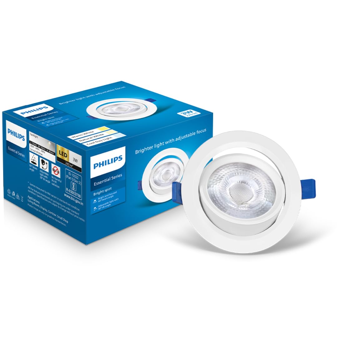 Philips polycarbonate 3 Watt White LED Ceiling COB Round Spot Light with Adjustable Tilt|Cut out: 63mm|Warm White, Pack