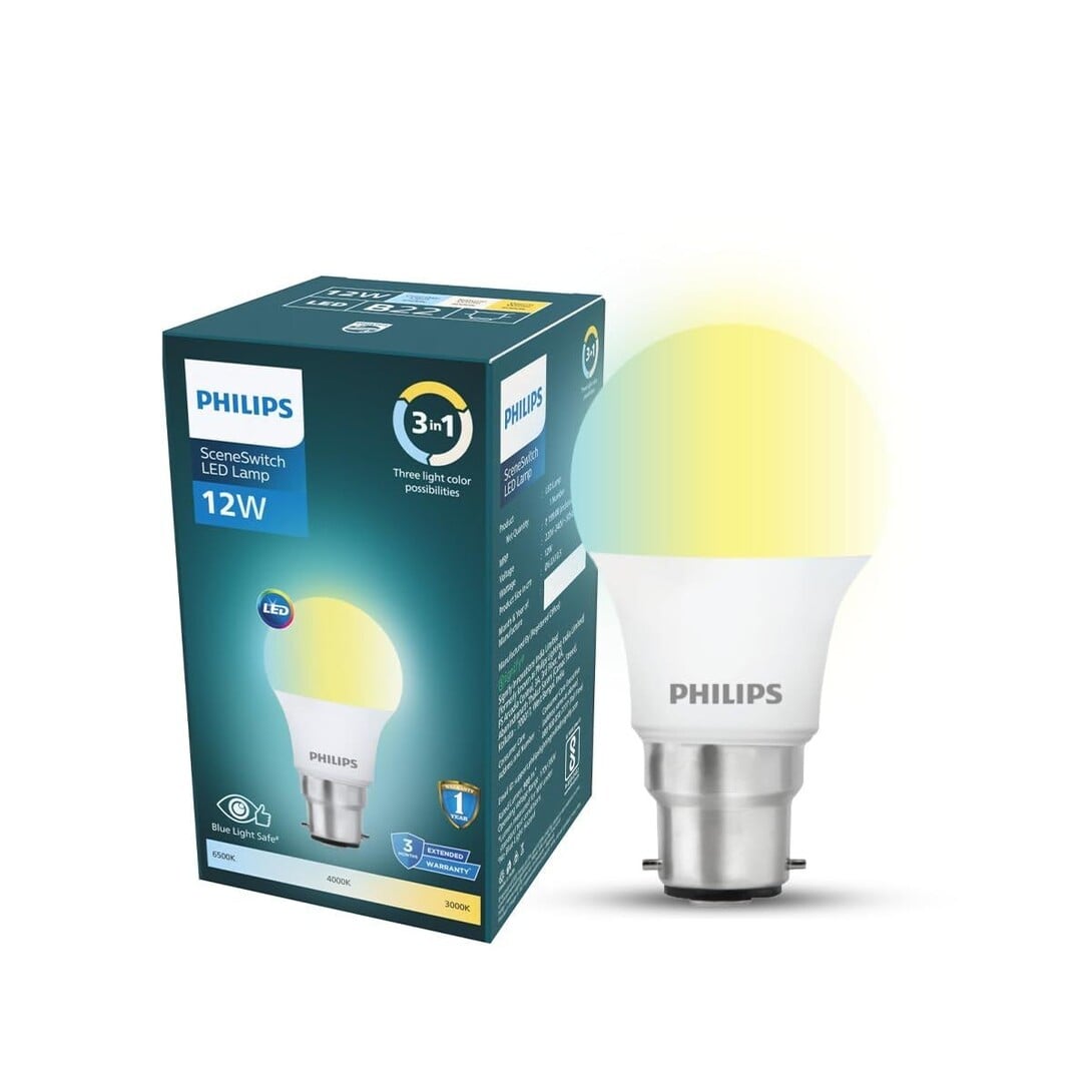 Philips SceneSwitch 12W LED Bulb | 3-in-1 Light Modes CDL-NW-WW | B22 Base | Change Brightness with Wall Switch | Energy