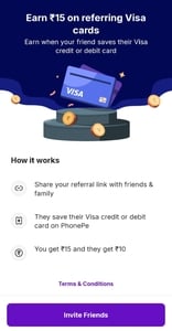 PhonePe: Refer & Earn Rs. 15 When Friend Saves VISA Card | Friend Gets Rs. 10 Cashback