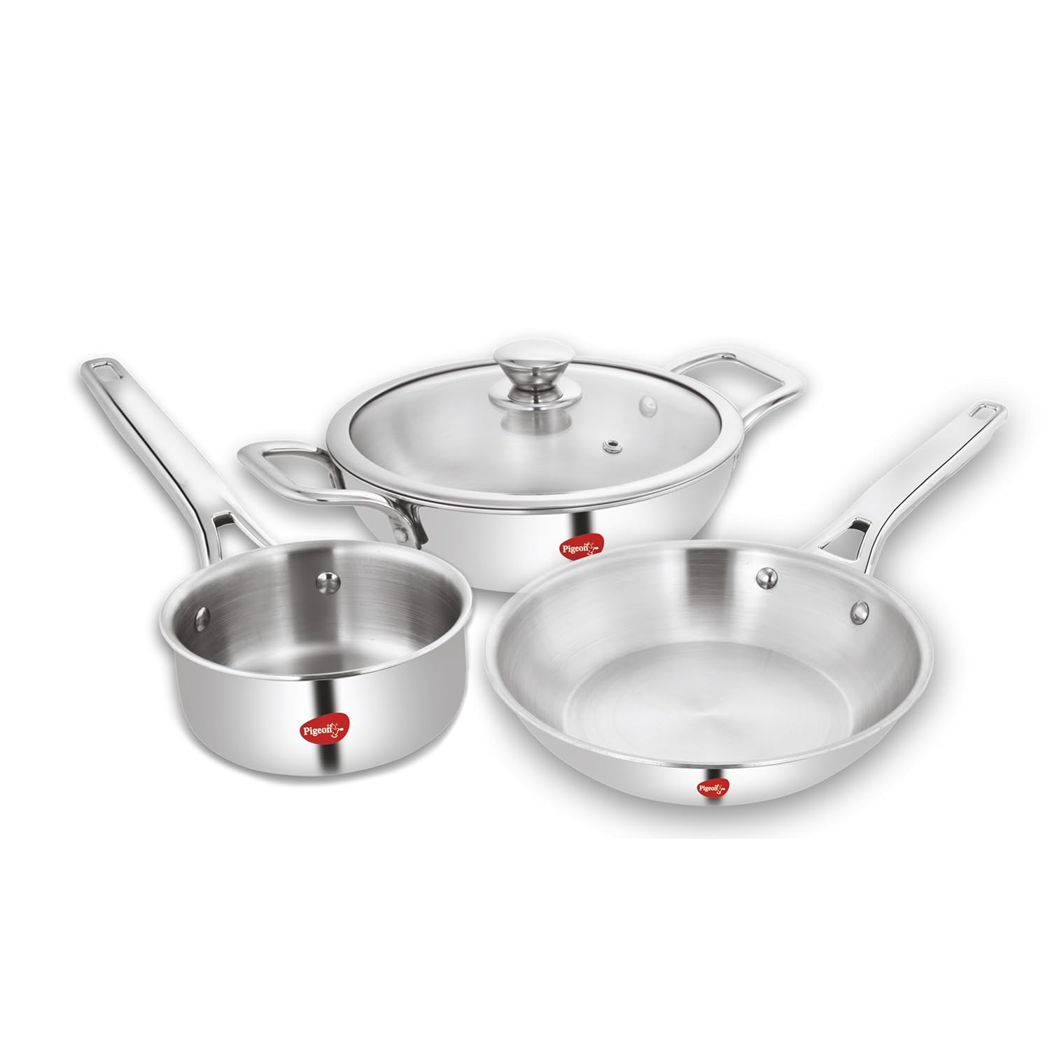 Pigeon Elite Stainless Steel Triply 4 Pcs Gift Set - 22cm (2L) Kadai, 22cm (1L) Frypan and 14cm (1.1L) Saucepan, Less Oi
