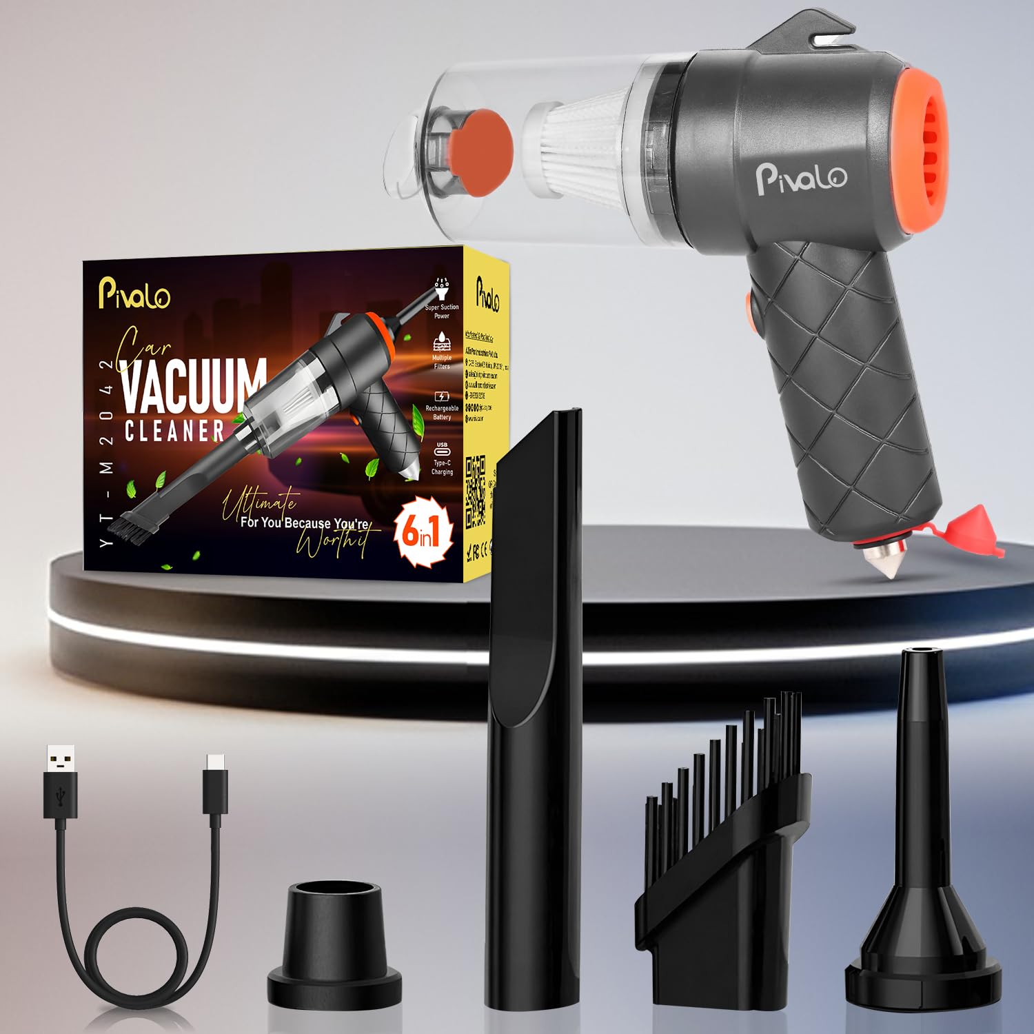 Pivalo 6-in-1 Vacuum Cleaner with Filter 4 Nozzles USB Cable Hammer Seat Belt Cutter Power Suction Rechargeable Battery