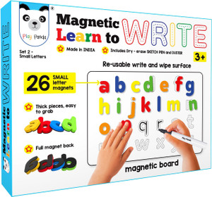 PLAY PANDA Magnetic Learn to Write Small Letters - includes Write and Wipe Magnetic Board, 26 Small Letter Magnets, Dry