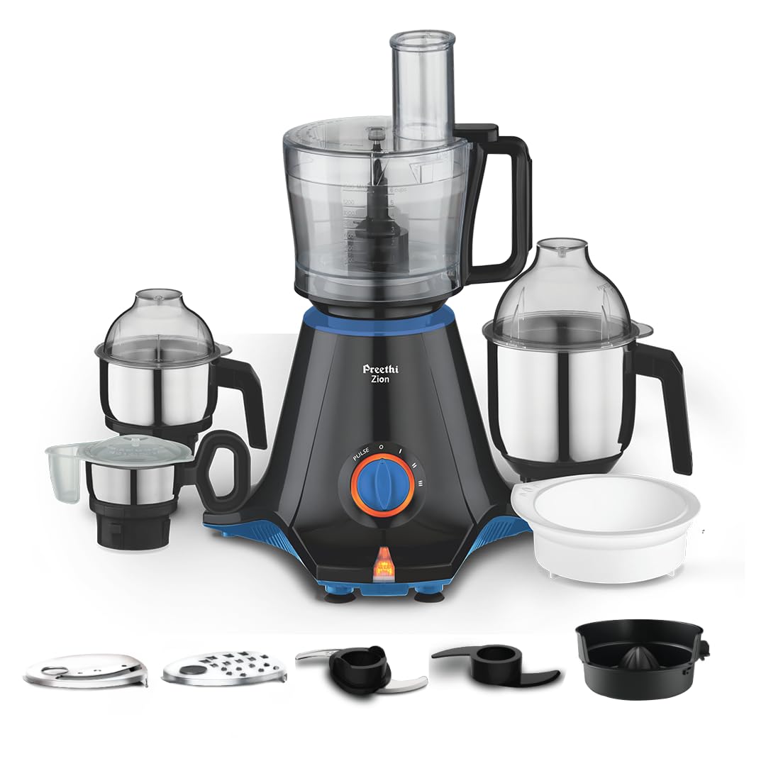 Preethi Zion 750W Mixer Grinder, 4 Jars, Food Processor & Flexi Lid, BlackWith Food Processor jar and Flexi Lid for ever