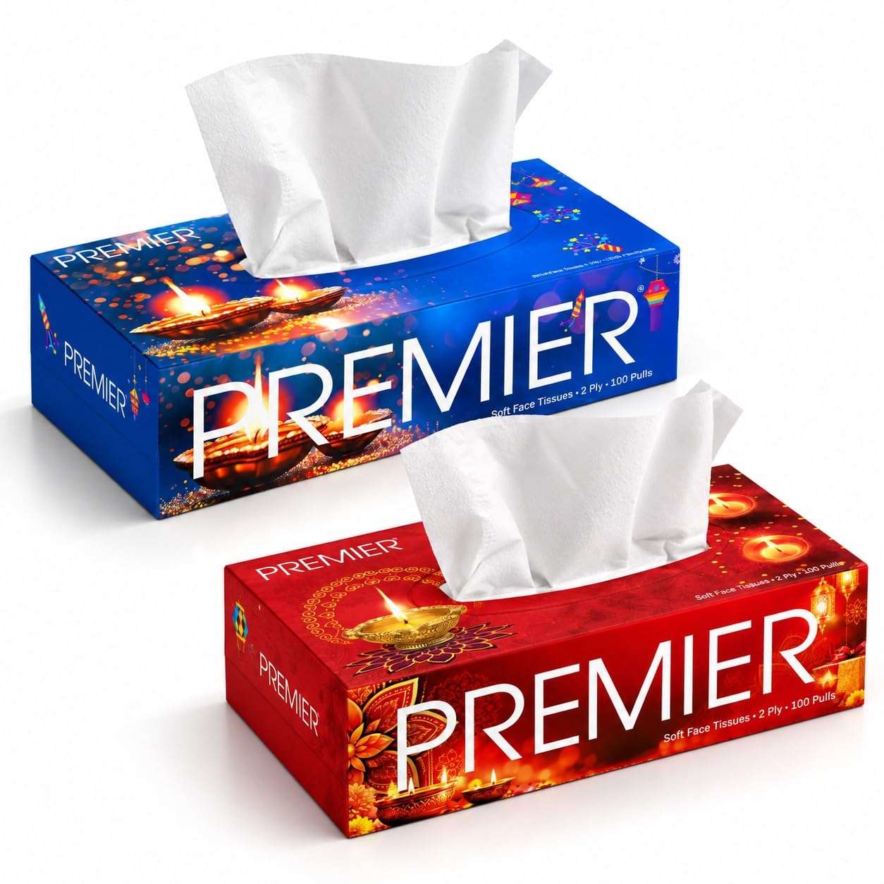 Premier 2-Ply Tissue Paper Box, 100 Pulls Each, Pack of 2 | Red & Blue | Special Diwali Edition Tissue Boxes | Festive T