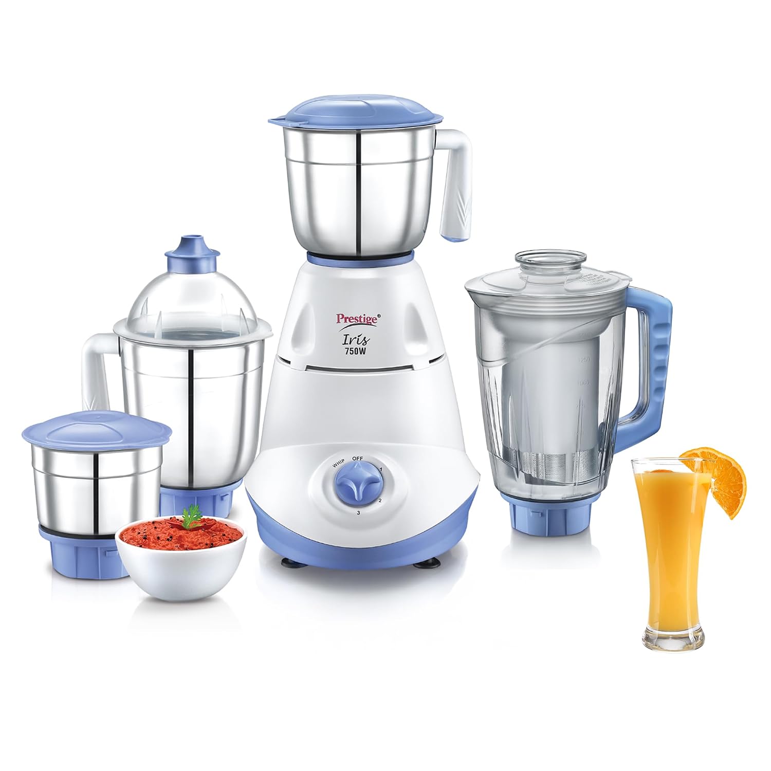 Prestige Iris 750 Watt Mixer Grinder with 3 Stainless Steel Jar + 1 Juicer Jar (White and Blue)