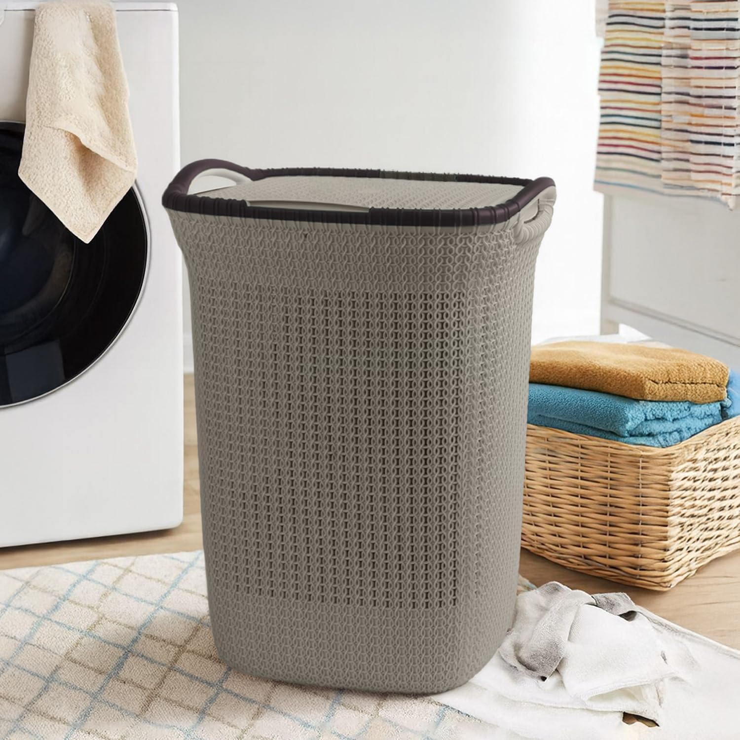 PrettyKrafts 60L Plastic Laundry Basket with Lid (61x45x35 cm) | Large Ventilated Knit Storage Bin with Handles for Clot