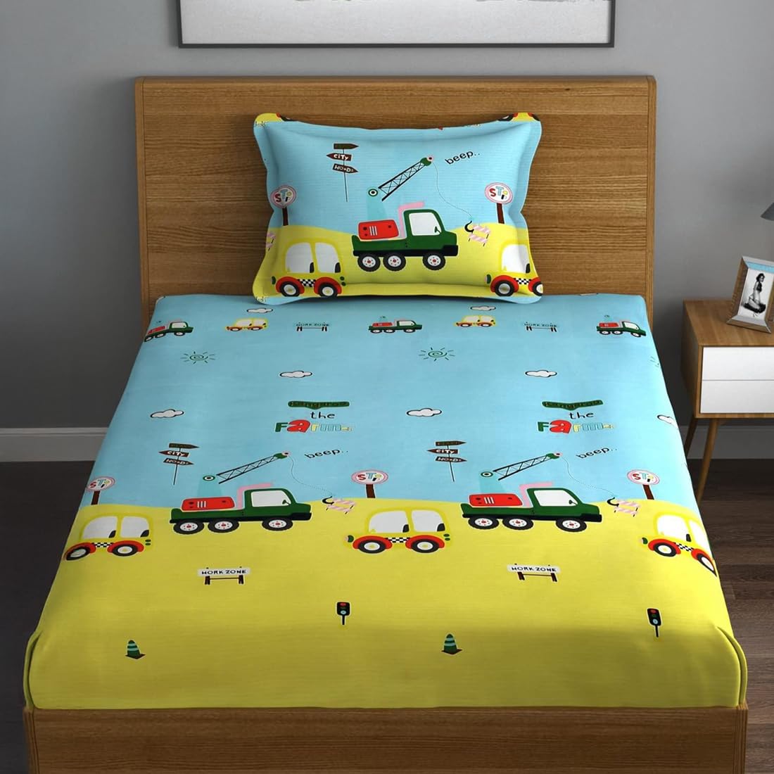 PrettyKrafts Cotton Car & Truck Kids Single Bedsheet (60 x 90 inch)