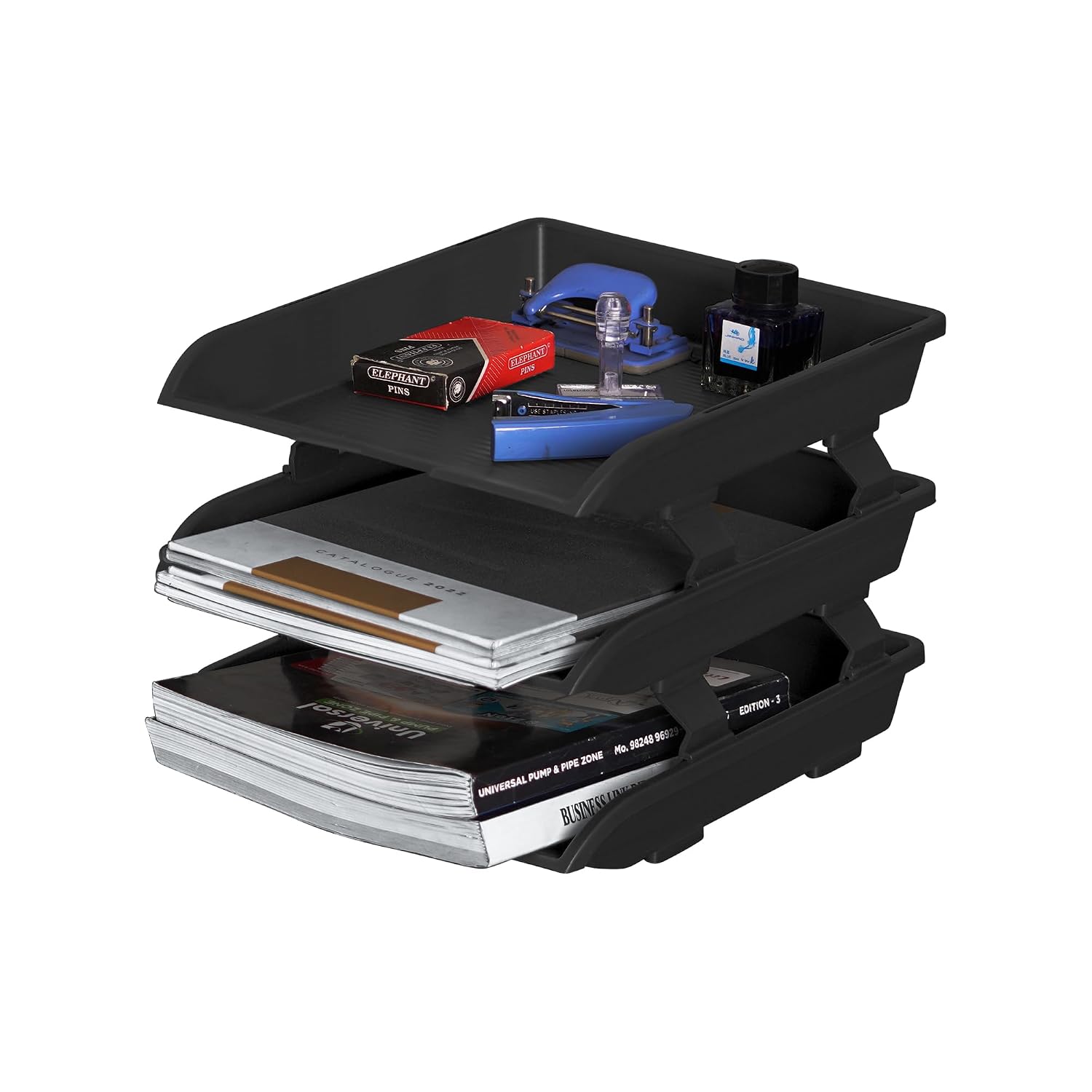 Primelife 3 Tier File Tray Organizer - Black | ABS Plastic Desk File Rack | Foldable Office Document & Paper Tray | Desk