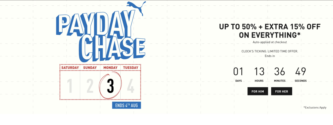 Puma - PAYDAY CHASE Upto 50% Off + EXTRA 15% OFF ON EVERYTHING