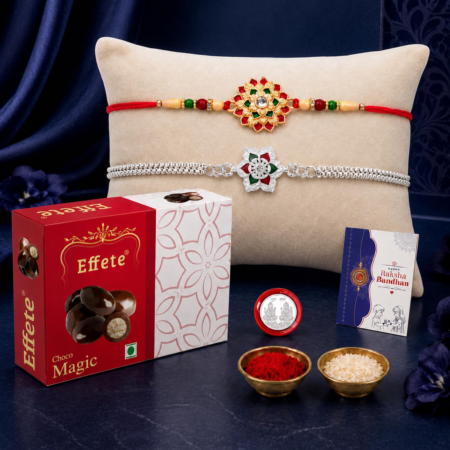 Raksha Bandhan Gift Set | 2 Designer Rakhis, Effete Choco Magic & Silver Coin