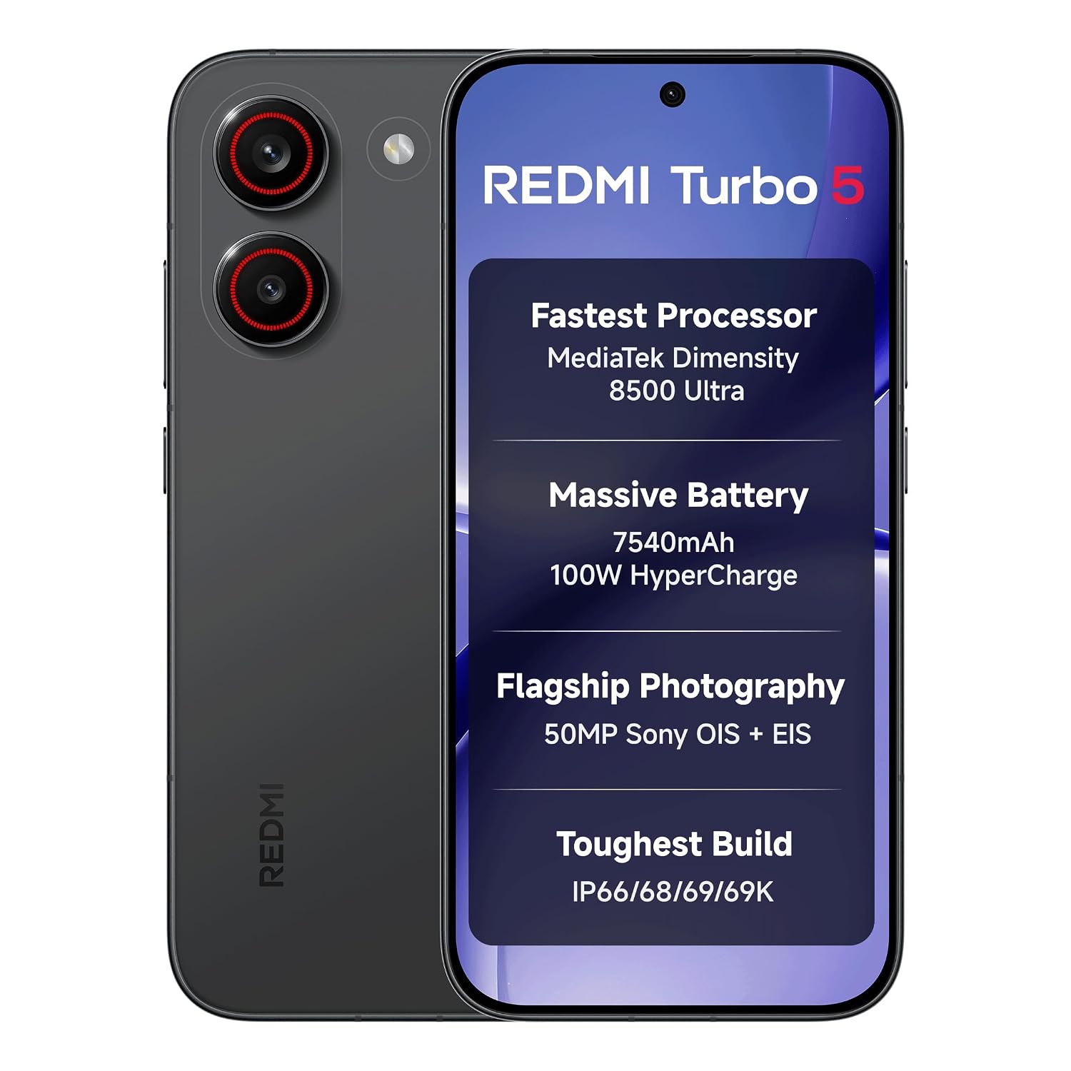 REDMI Turbo 5 (8GB + 256GB) Asphalt Black | Dimensity 8500 Ultra | Mega 7540mAh Battery