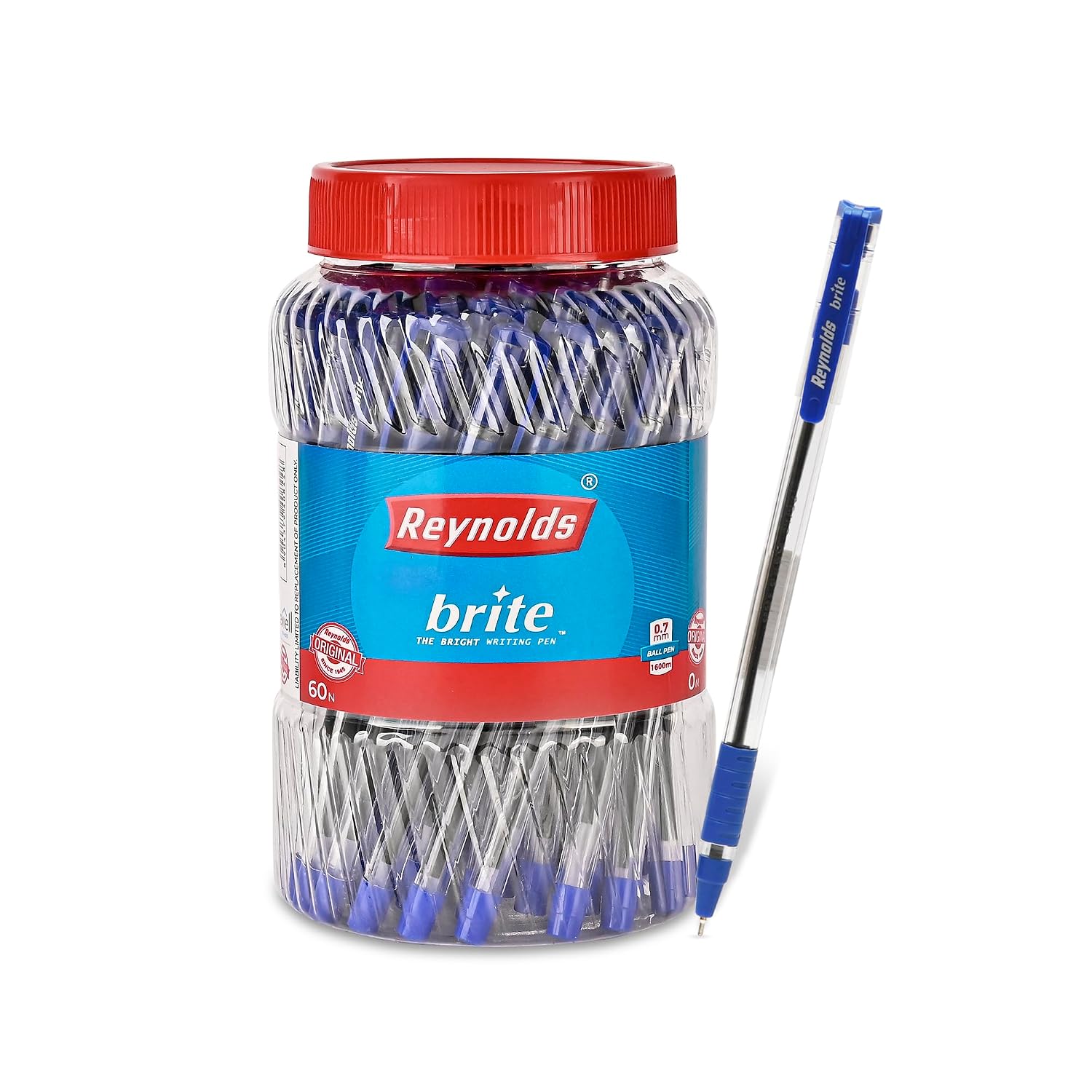Reynolds BRITE 60 CT JAR BLUE I Lightweight Ball Pen With Comfortable Grip for Extra Smooth Writing I School and Office