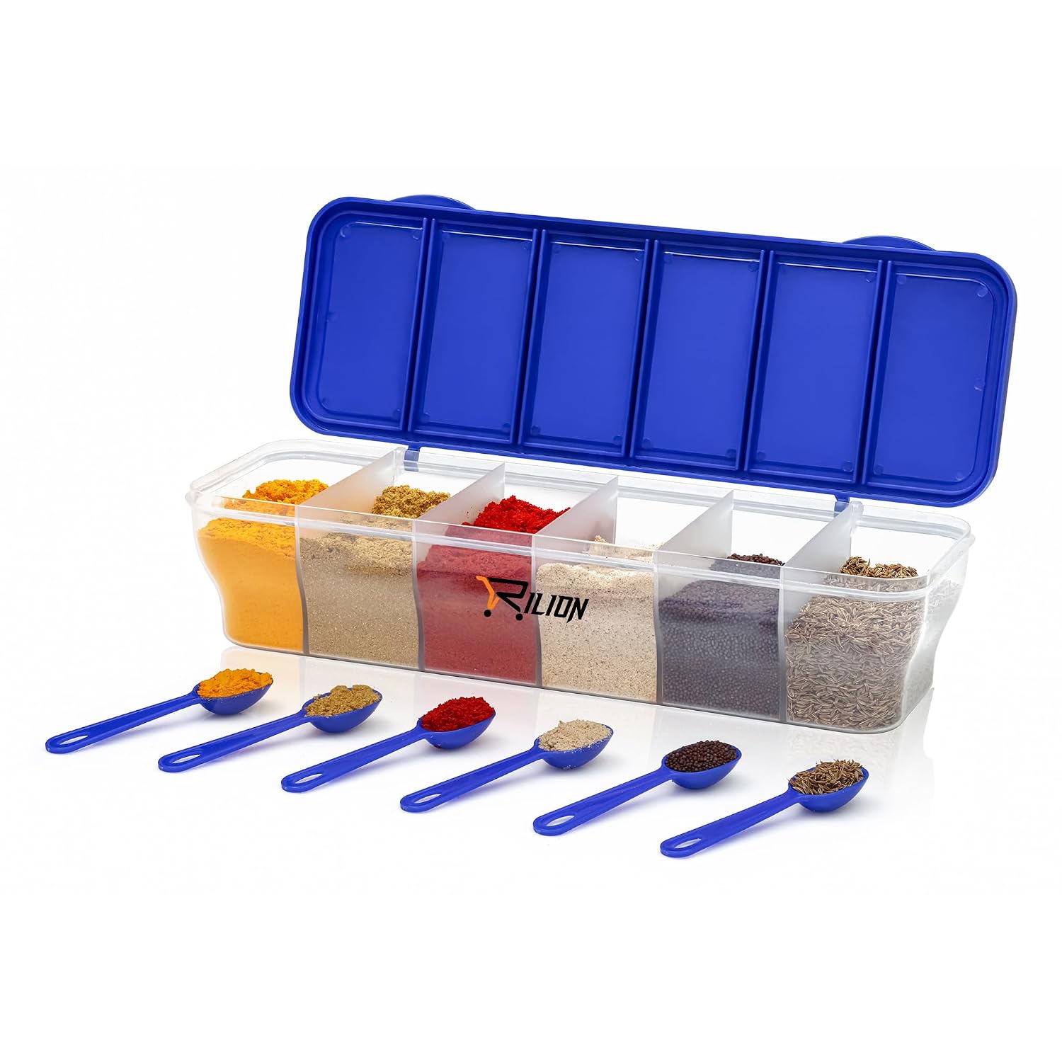 RILION Multipurpose 6-in-1 Masala Box for Kitchen| Airtight BPA-Free Plastic 6 Section Storage Container with 6 Spoons
