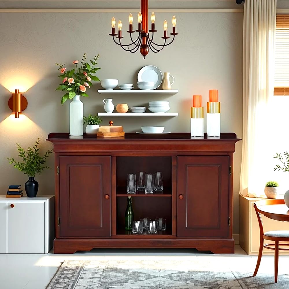 Royaloak Texas American Wooden Side Board | Solid Wood Veneer | Beveled Top Design | Ample Storage | Telescopic Channels