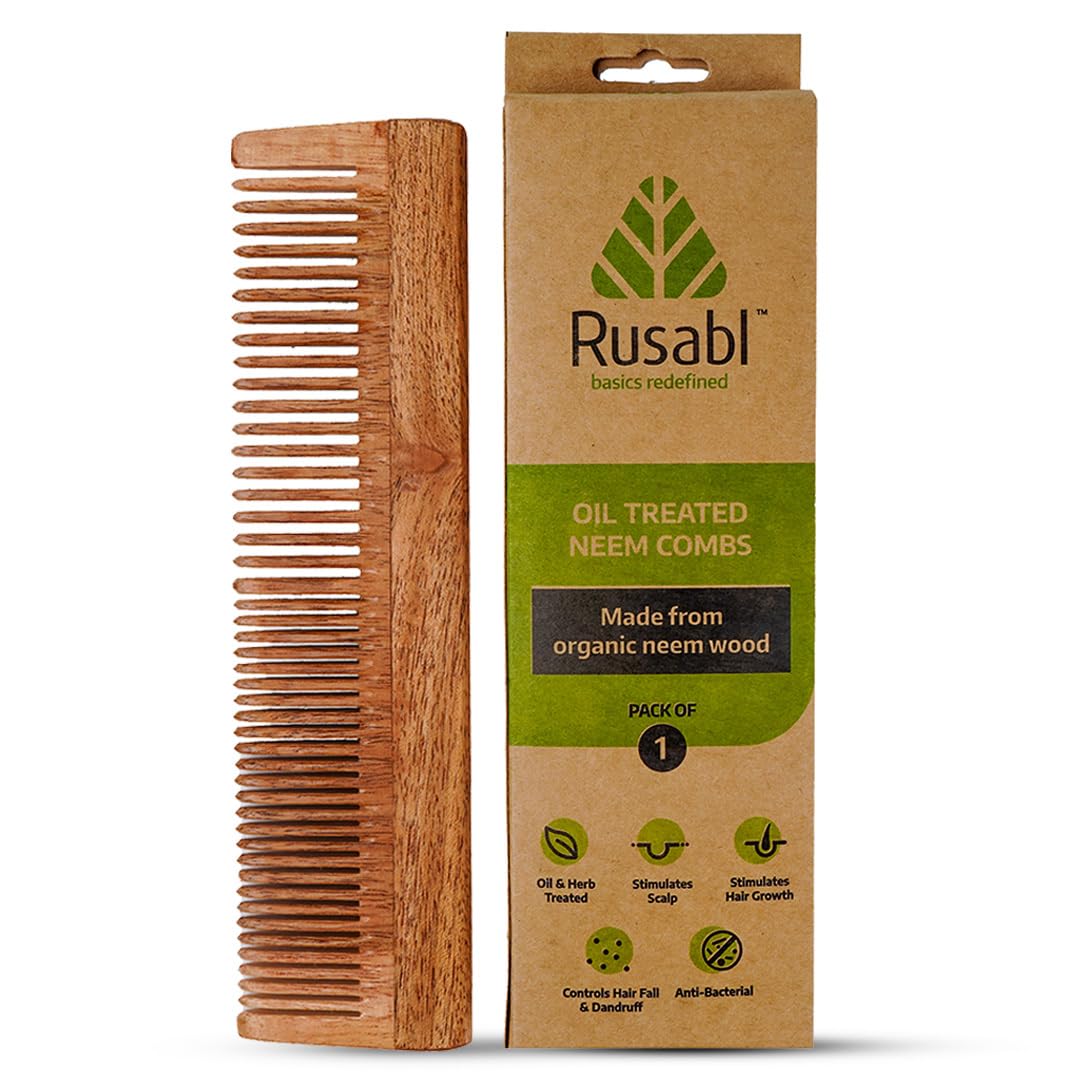 Rusabl Kacchi Neem Wooden Fine Tooth Comb For Men & Women for Detangling
