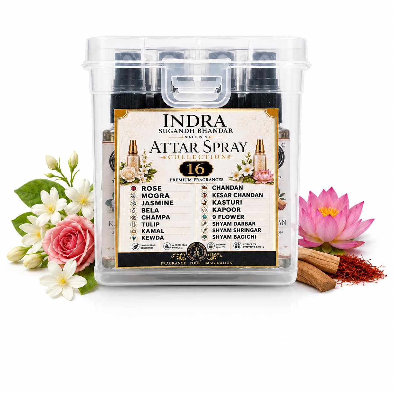(Sample @ Rs. 199) INDRA SUGANDH BHANDAR Luxury Perfume Attar Spray For Pooja 10ml x 16pc Set Total 160ml