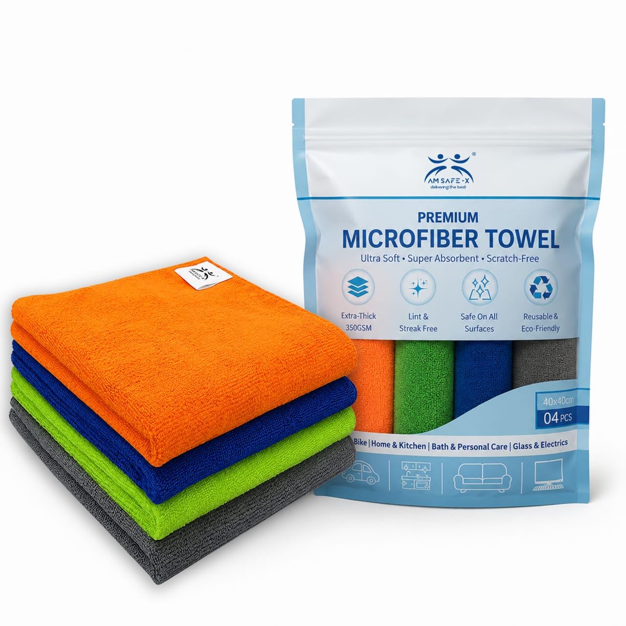 [Sample @ Rs. 99] AM Safe-X Microfiber Cleaning Cloths, 4pcs 40x40cms 350GSM