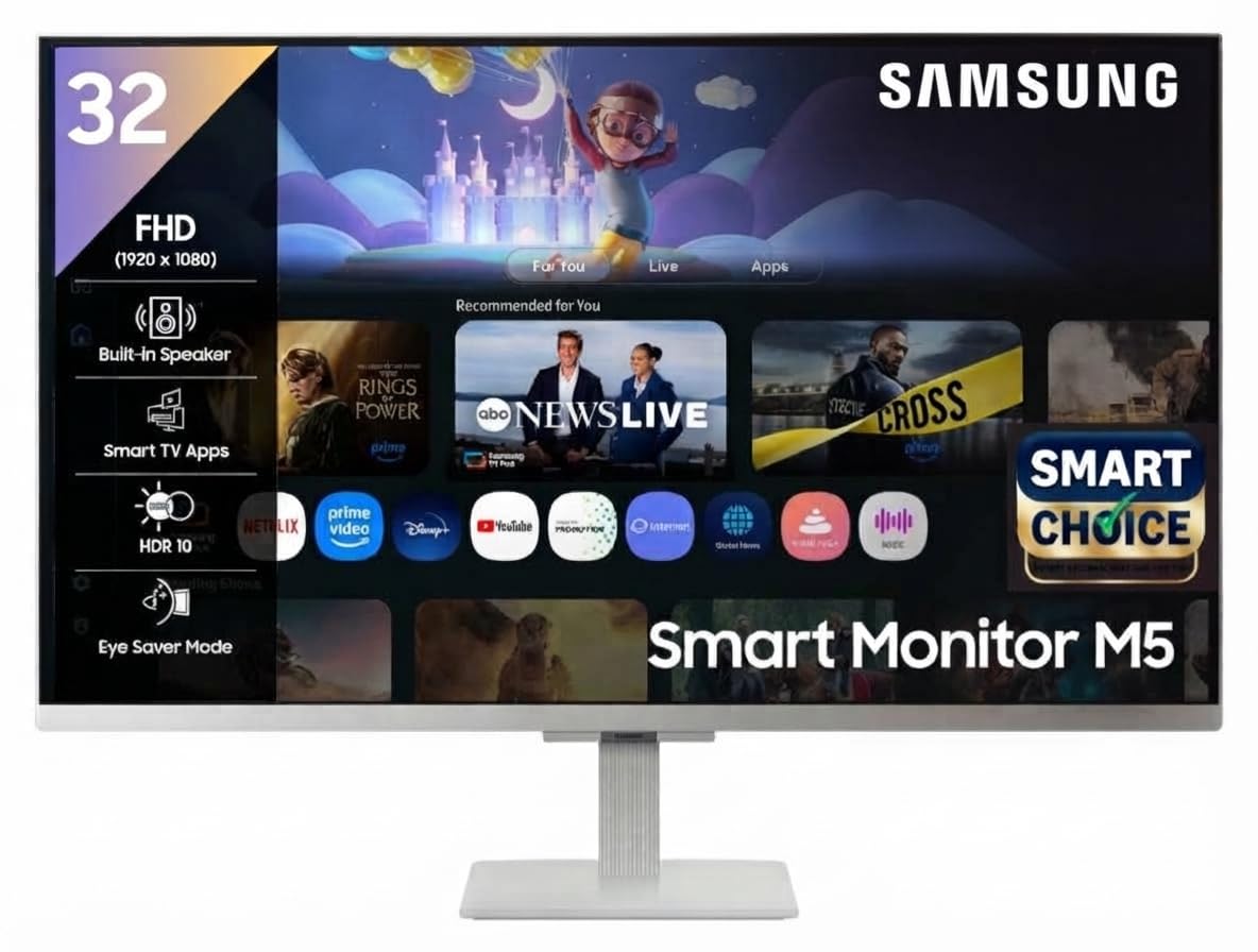 Samsung 32" (80cm) M5 Smart Monitor with Smart TV Experience (Smartchoice) |FHD 1920 x 1080|Screen Mirroring TV Plus|Spe