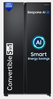 Samsung 653 L Frost Free Side by Side 3 Star Convertible Refrigerator with AI and WiFi, Convertible 5-in-1, Digital Inve