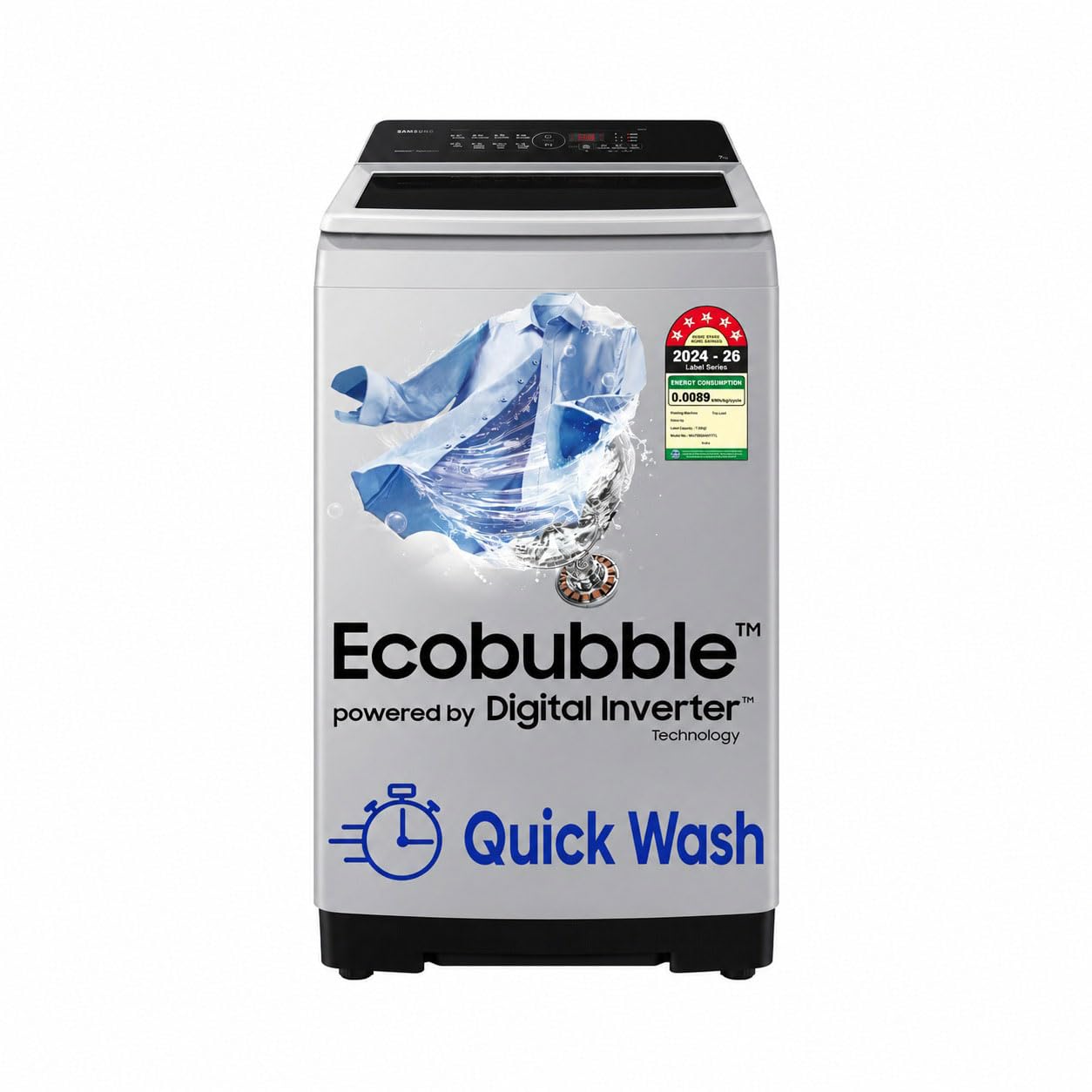 Samsung 7 kg, 5 Star, Eco Bubble Technology, Digital Inverter Motor, Soft Closing Door, Fully-Automatic Top Load Washing