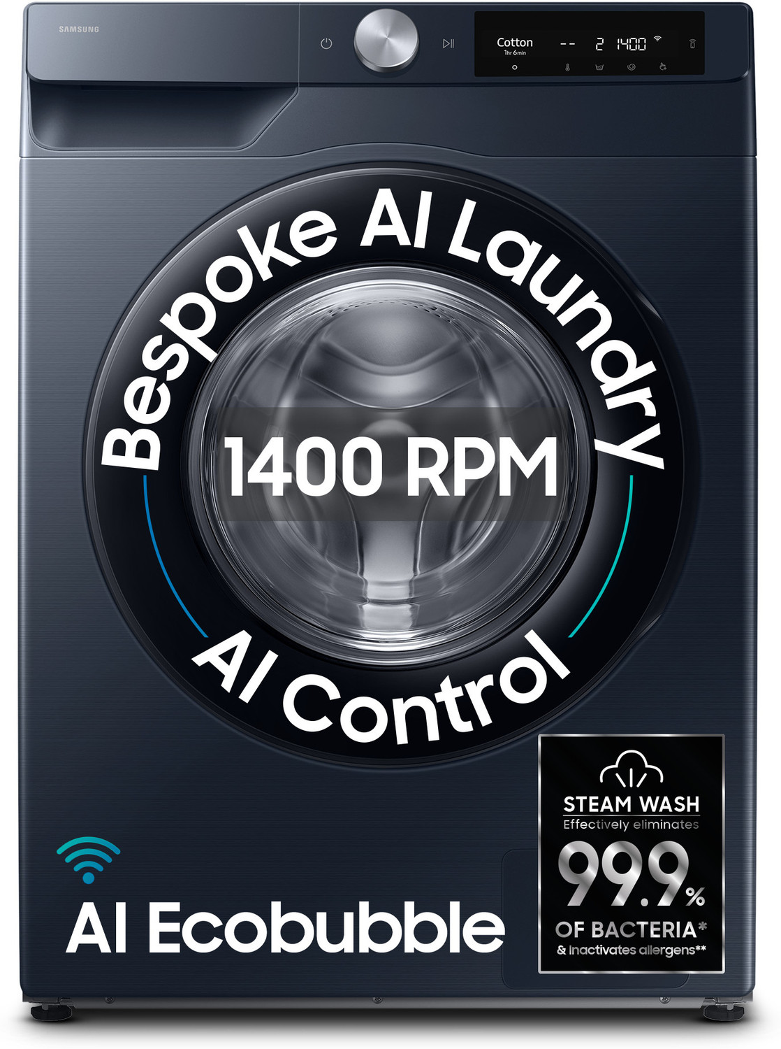 Samsung 9 kg 5 Star,Al Ecobubble, Wi-Fi,Fully Automatic Front Load with In-built Heater Blue (WW90DG6U24ASTL)