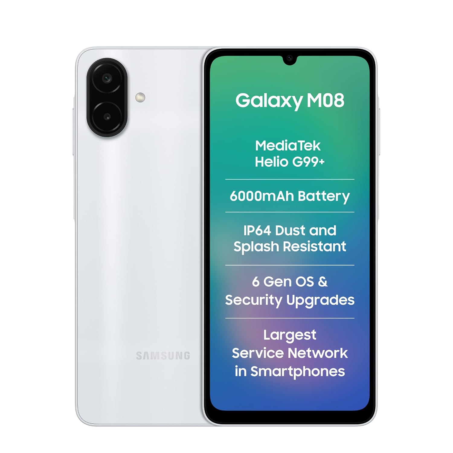 Samsung Galaxy M08 LTE (Silver, 4GB RAM, 64GB Storage), MediaTek Helio G99+ (6nm), 50MP Dual Camera, 6000mAh Battery, IP