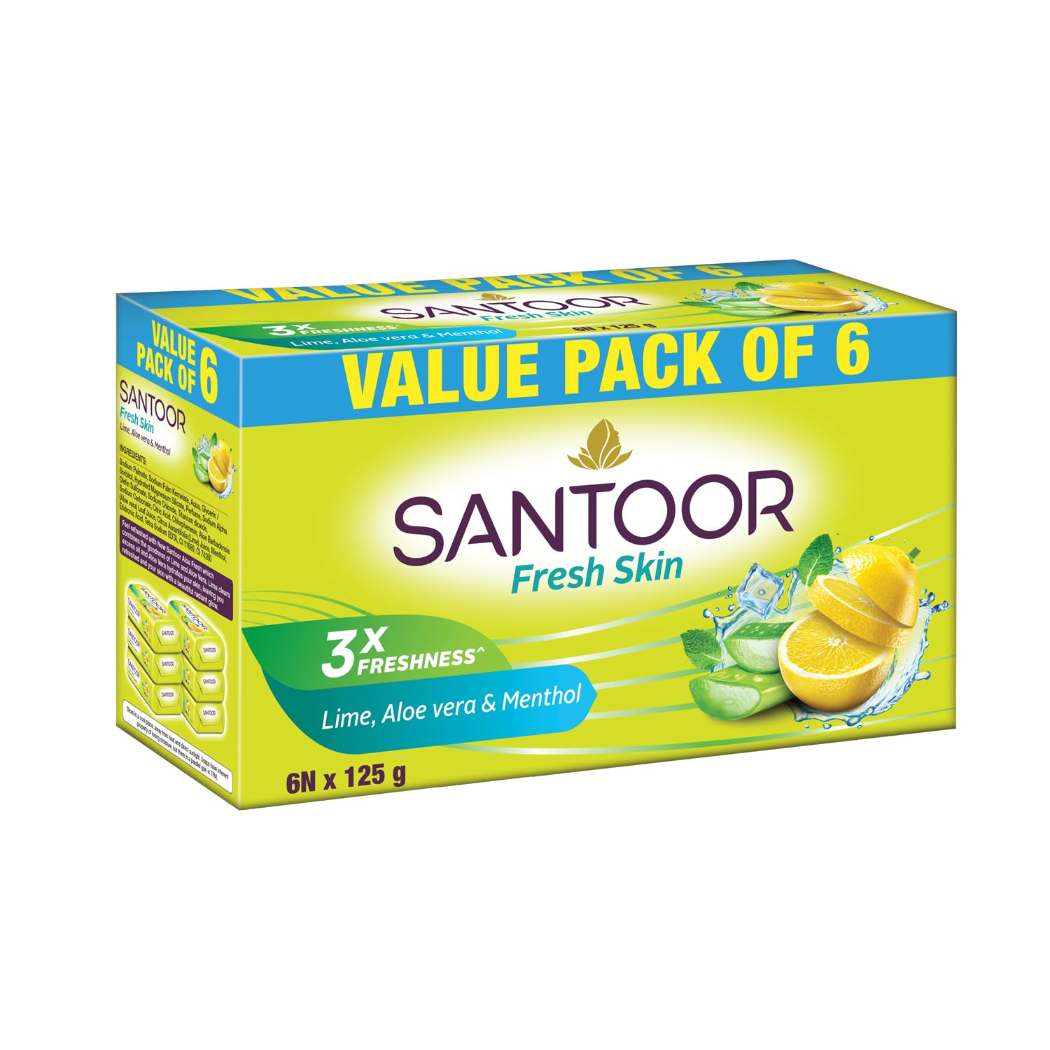 Santoor Fresh Skin Aloe Vera & Lime Bathing Soap 125g, Pack of 6 @163