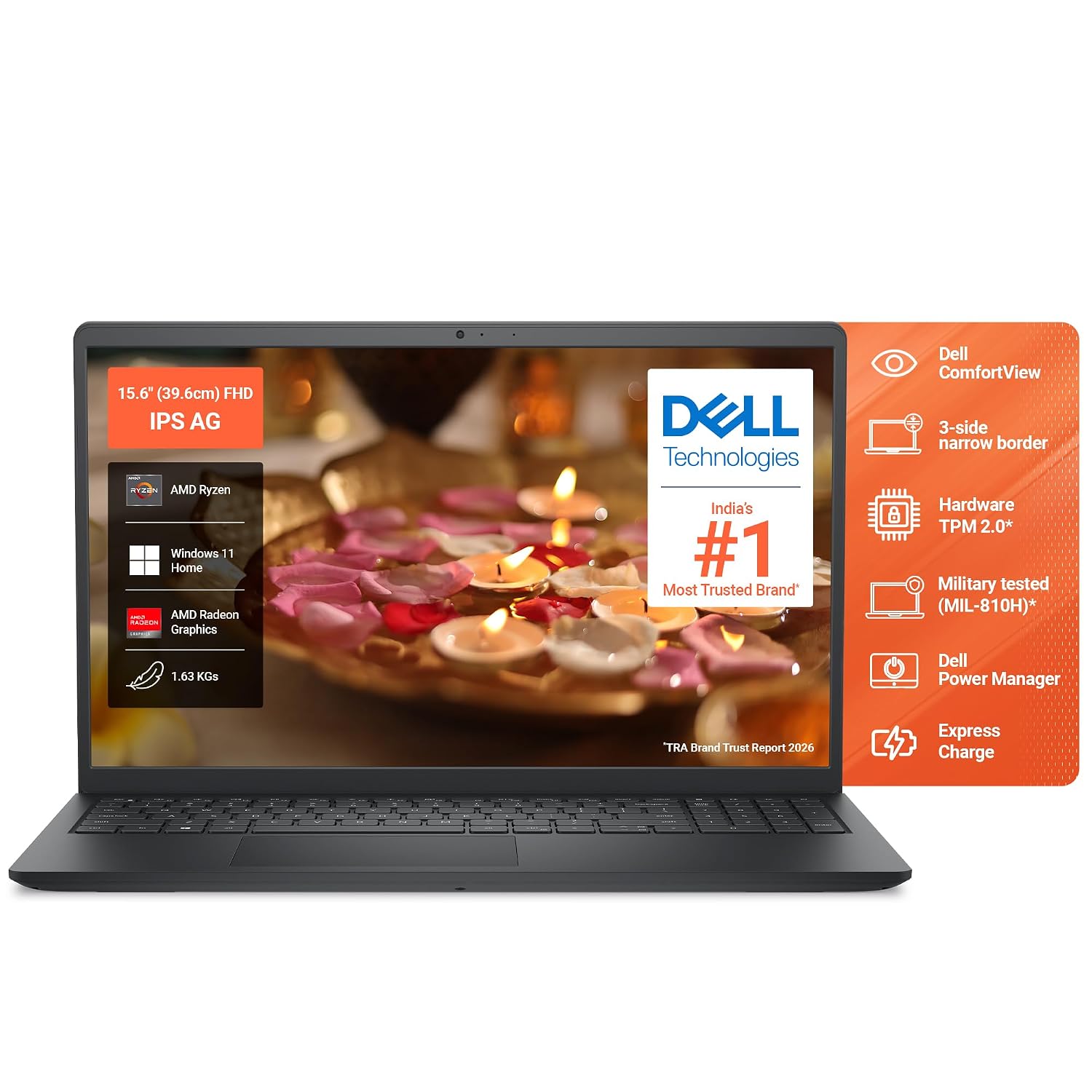 [SBI CC] Dell 15 Ryzen 5 7520U Laptop, 8GB RAM, 512GB SSD, 15.6" FHD Display (Windows 11, Carbon Black)