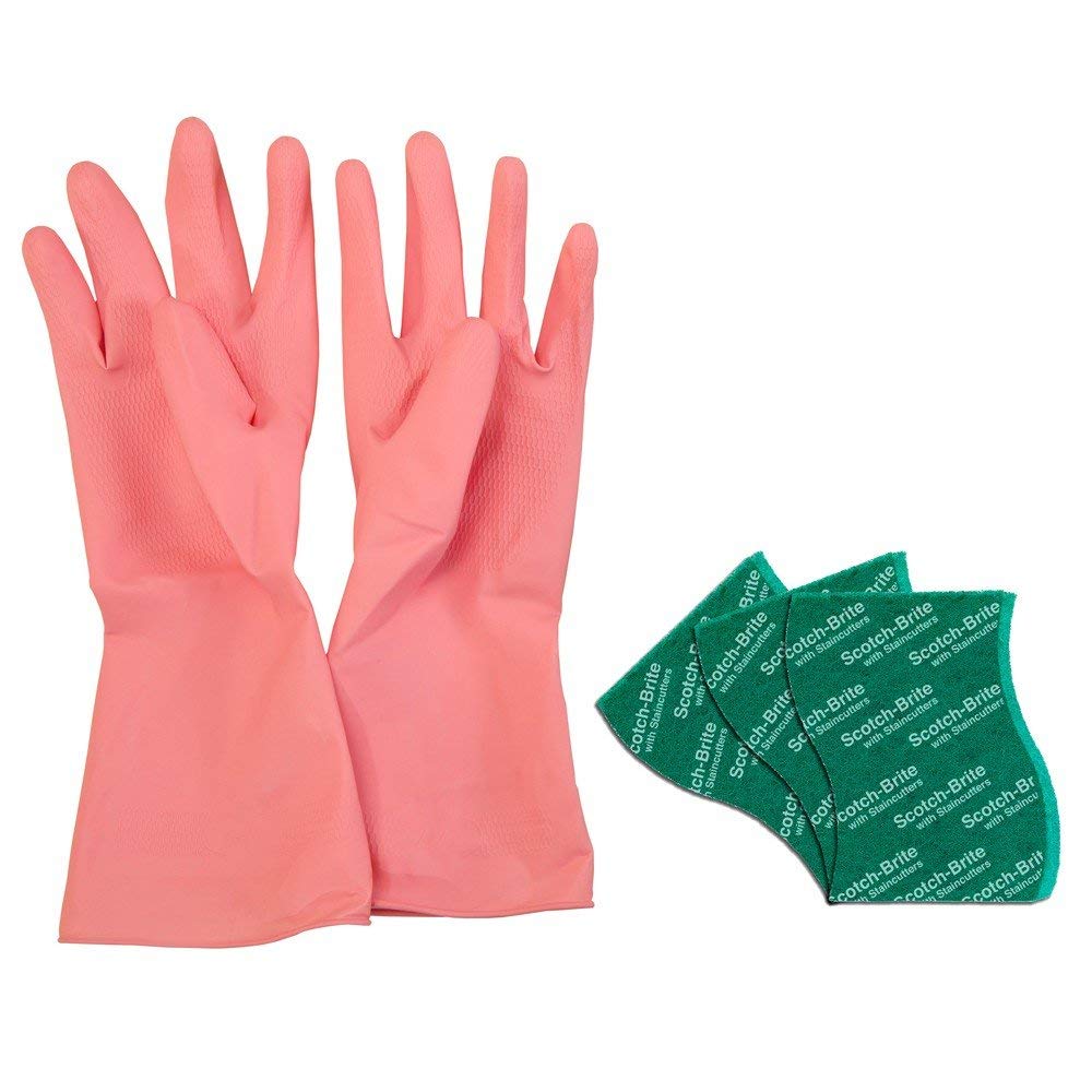 Scotch-Brite Kitchen Gloves small pair (1 unit) & Scotch-Brite Silver sparks scrub pad for dishwashing (3 units)