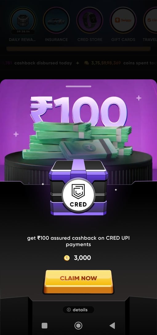 Send money in Cred and get Rs.100 assured cashback