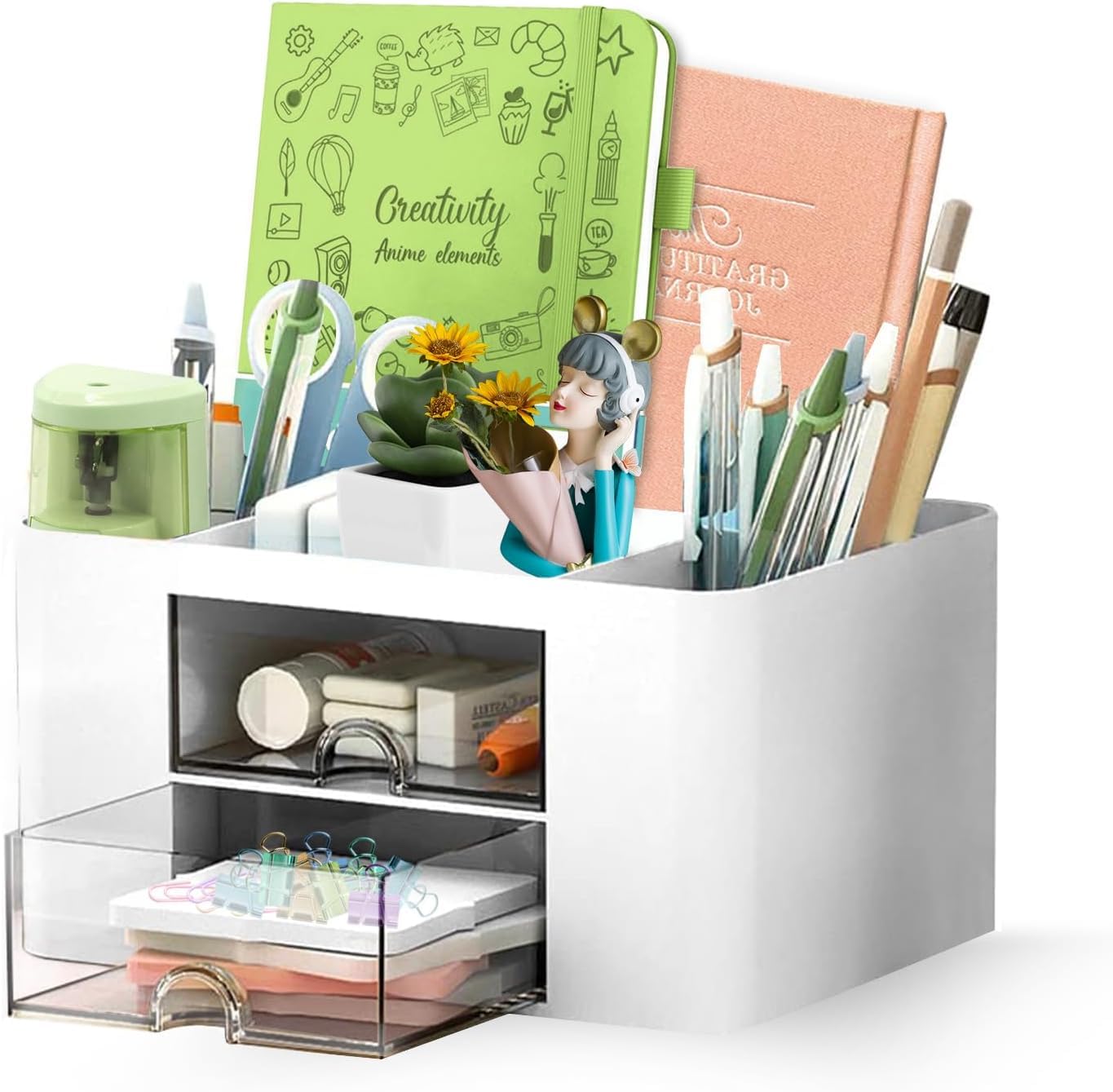 Shuttle Art Desk Organizer with 2 Drawers | Multi-Functional Stationery Holder for Office, Study Table, Home | 5 Compart