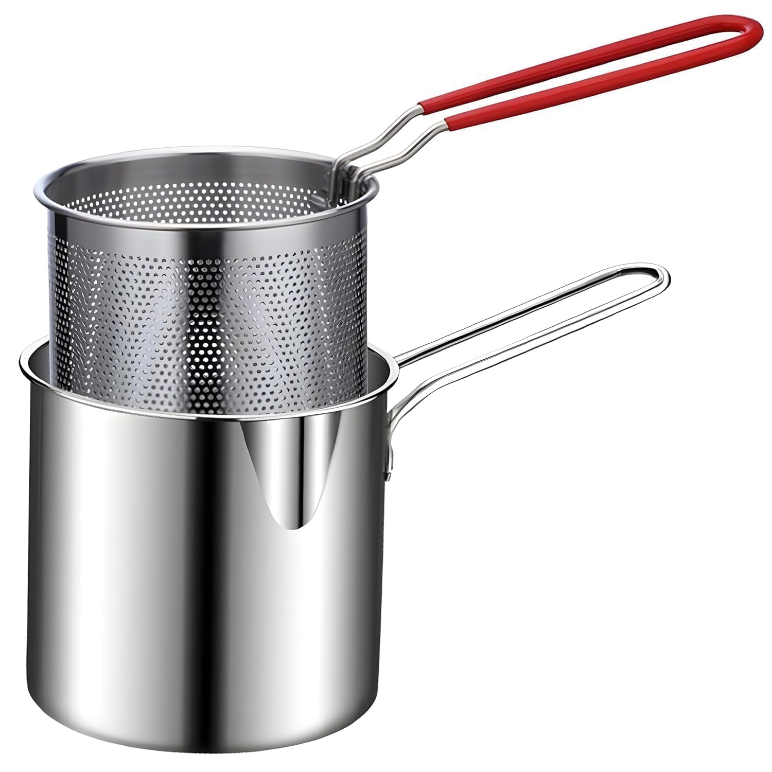 Small Deep Frying with Strainer Basket, 1200 ml Stainless Steel Fry Pan with Handle, Mini Oil Fryer Pan for French Fries