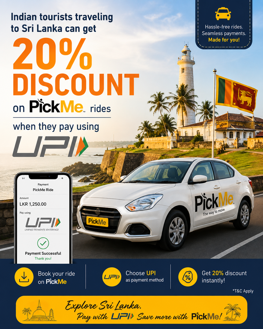 Sri Lanka: 20% discount on PickMe rides when they pay using UPI
