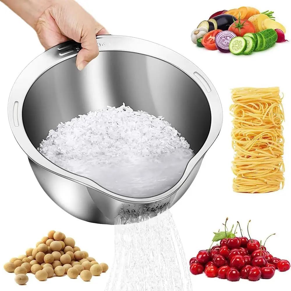 Stainless Steel Rice Washer Strainer Bowl | Multi-Purpose 4-in-1 Rice Rinser & Colander with Side Drainers | Washing Bow