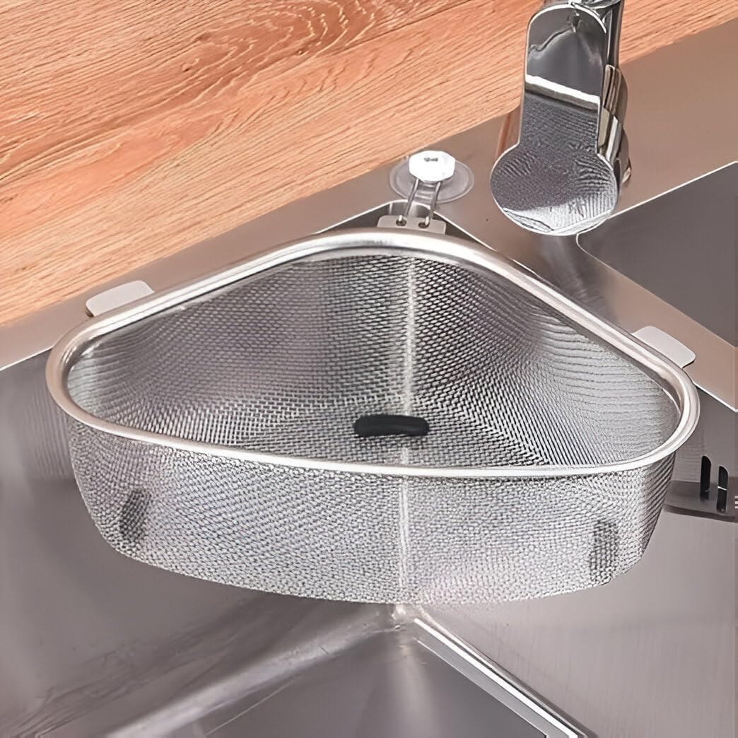 Stainless Steel Sink Corner Strainer Triangle Drainer Basket & Shelf Organizer - Rust-Resistant Corner Rack for Kitchen