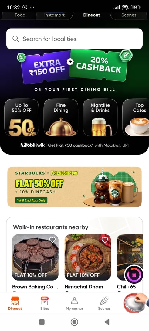 Starbucks 50% off swiggy dineout