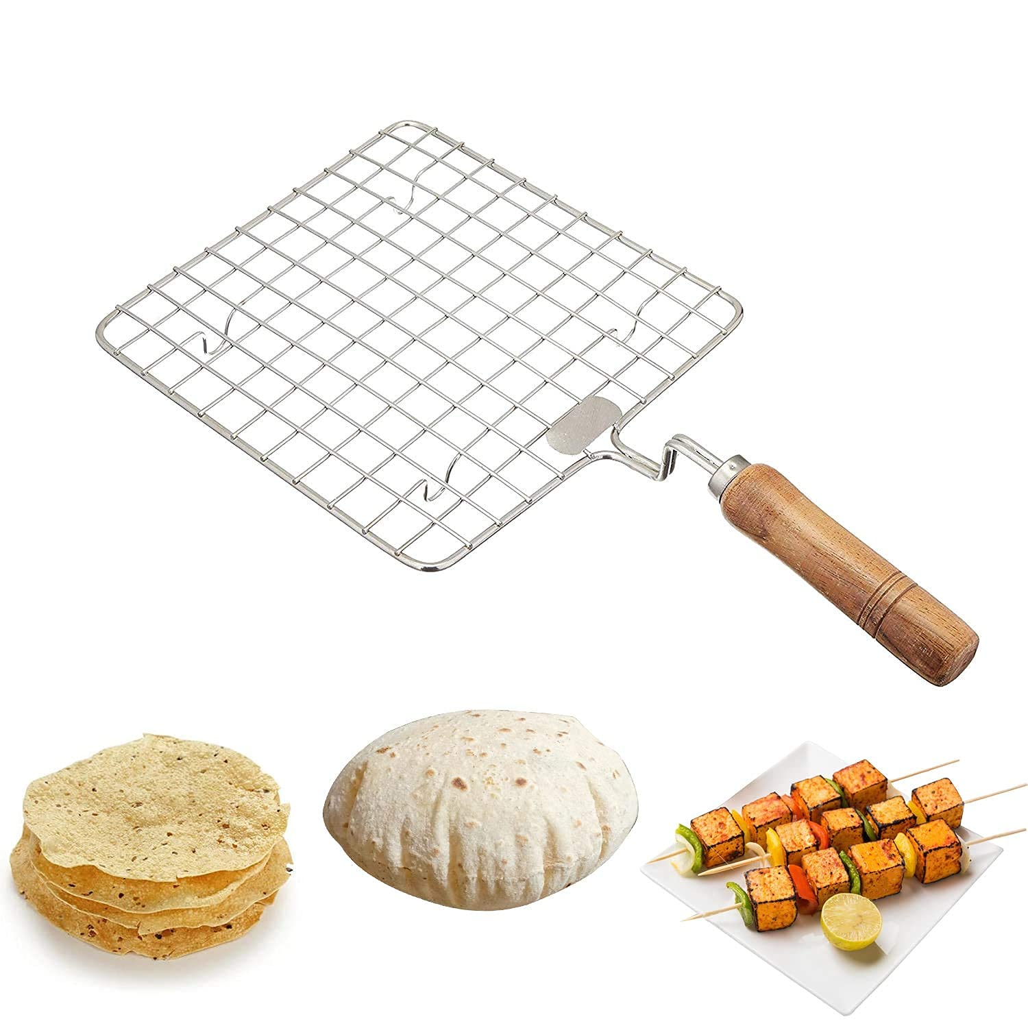Steel Size 17 cm Square Papad Roaster Chapati Roti Jali Barbeque Grill with Wooden Handle (1 Pc)