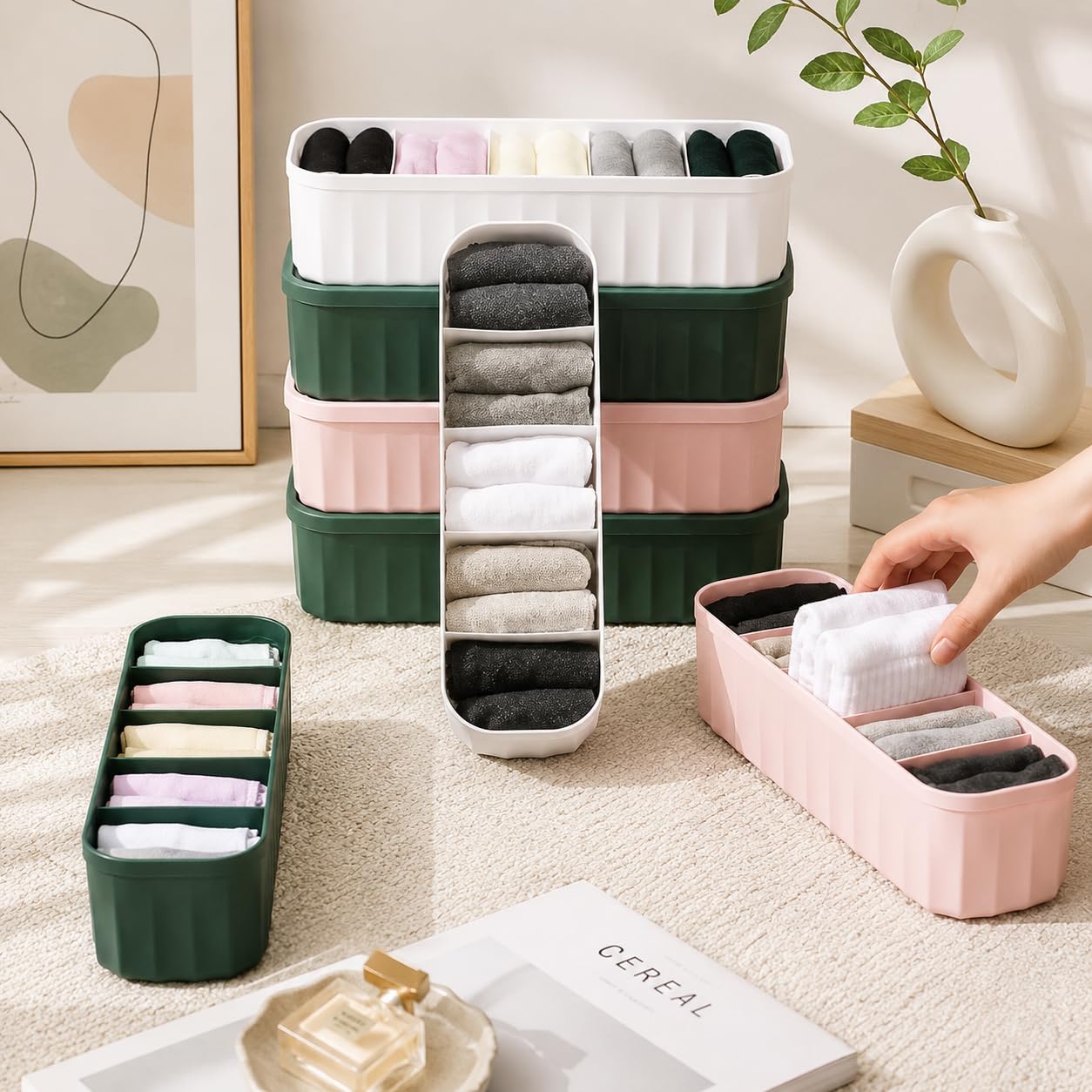 Stewit® 4-Piece Plastic Wardrobe Storage Boxes and Drawer Divider Set for Underwear, Socks, Ties, and Scarves, Multicolo