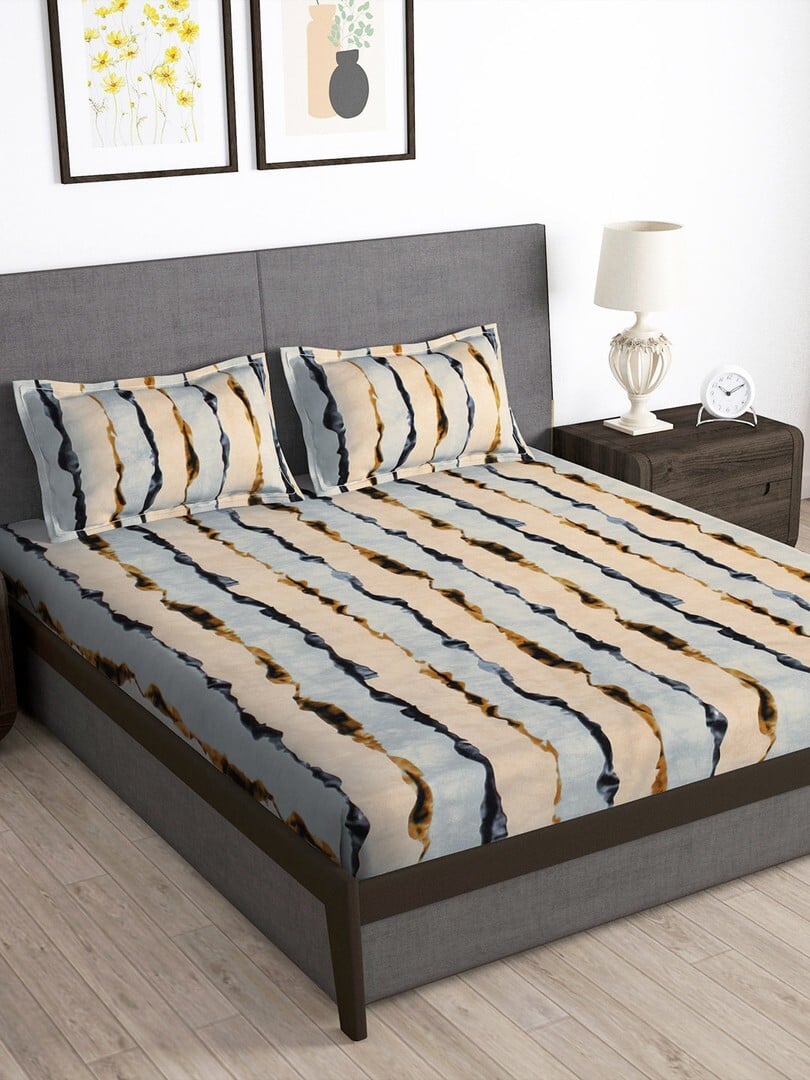 Story@home Beige Striped Polycotton 160 TC Queen Bedsheet