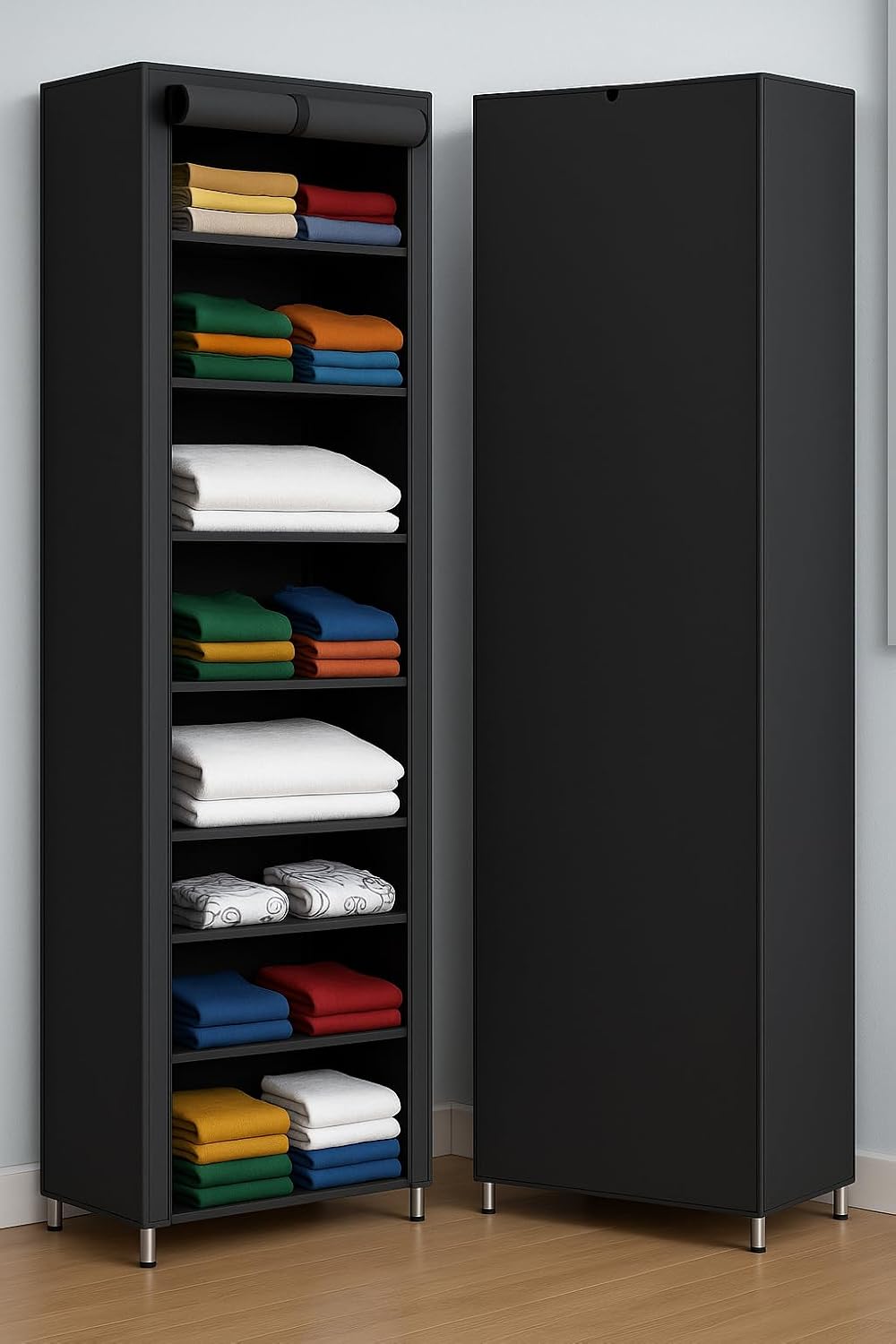 SUBEKYU Foldable Cloth Almirah 9 Shelf Plastic Wardrobe | Collapsible Clothes Storage Cupboard Organizer Rack for Bedroo