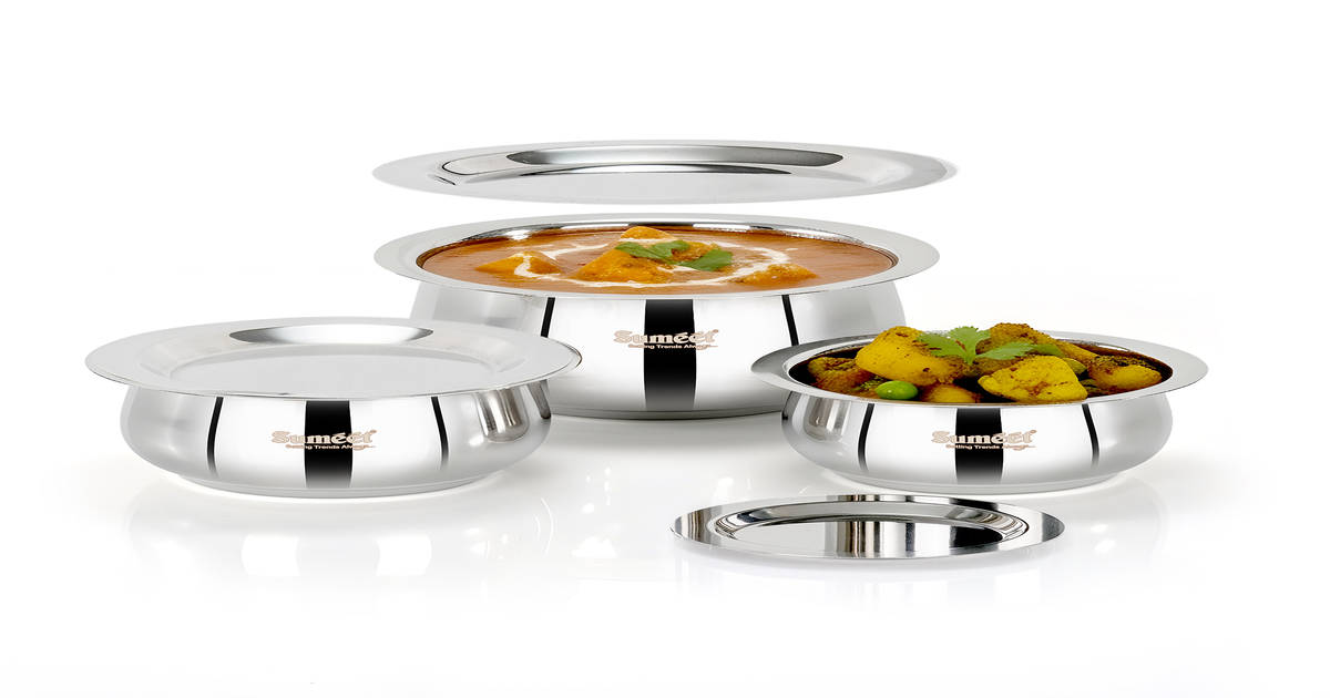 Sumeet Heavy Stainless Steel Belly Shape Induction and Gas Friendly (Pack of 3) Tope/Patila/Cookware with Lids (370ml, 4