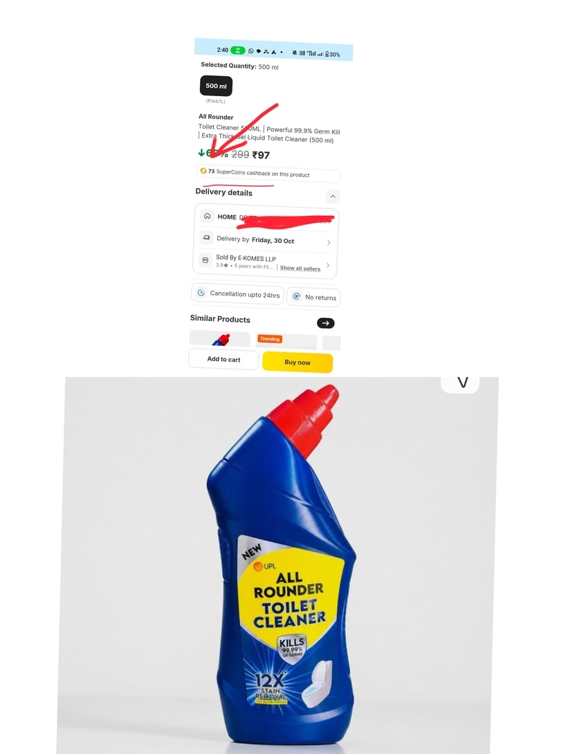 [SuperCoins Deal + 92% Effective Discount] All Rounder Toilet Cleaner 500ml - 3.8