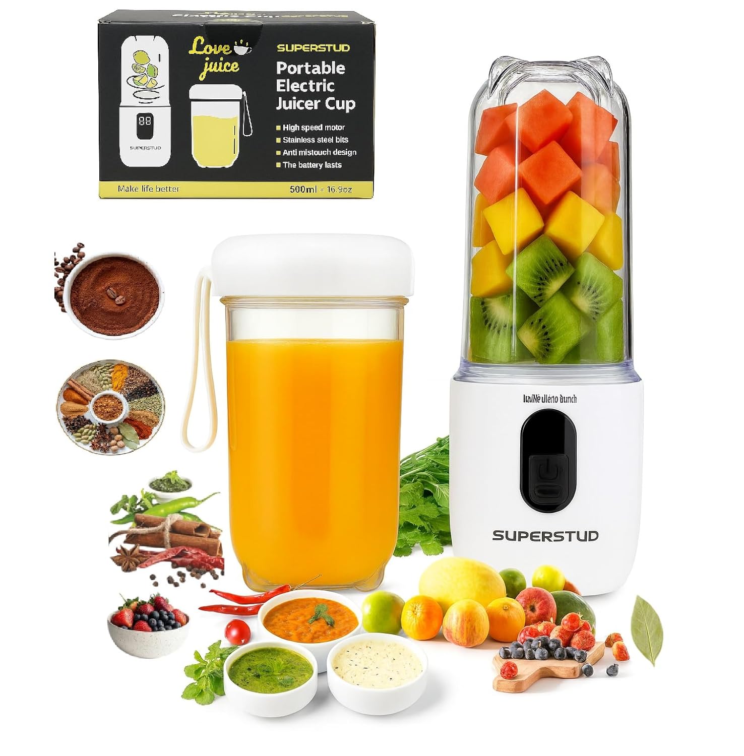 SUPERSTUD Blender Mixer Grinder | Mini Blender for Smoothies & Juices | 2-Jar Capacity (500ml*2) | 230W | 6 Blade || Typ
